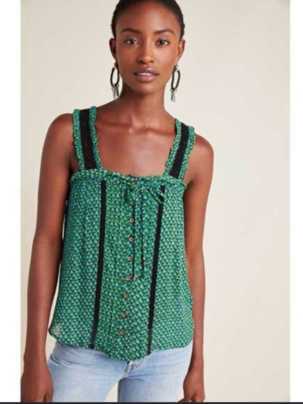 Anthropologie Green Printed Tie-Front Tank Top